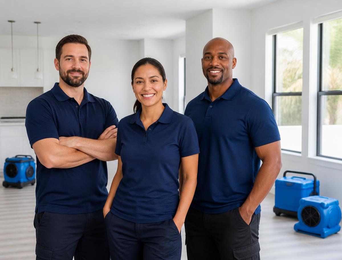 Three uniformed restoration technicians standing in a bright, dry restored home interior