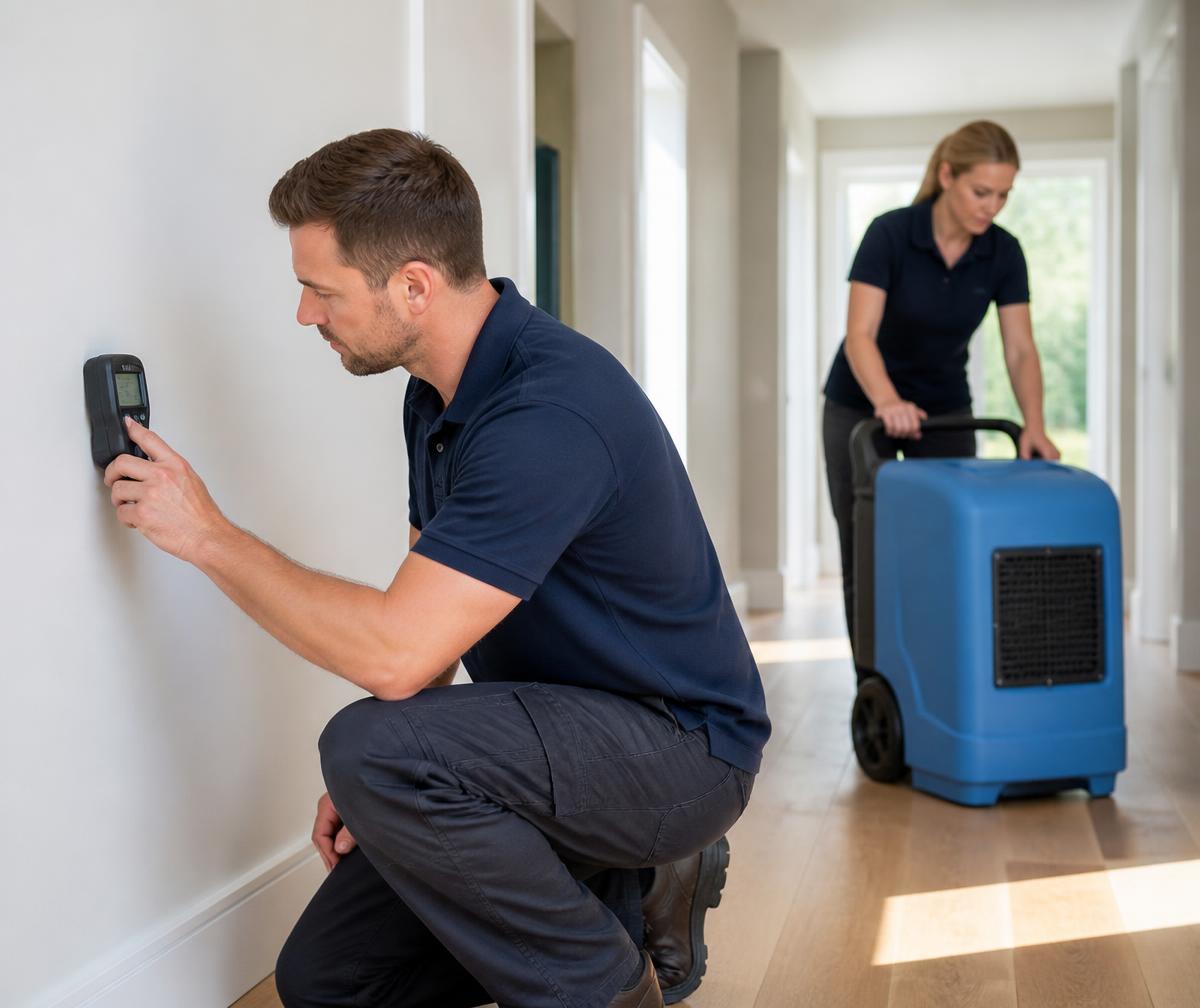 Technician checking a dry wall with a moisture meter while a colleague moves a dehumidifier in a sunlit hallway